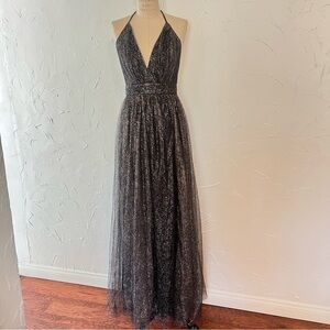 Silver Black Glitter Backless Halter Maxi Dress Y2K